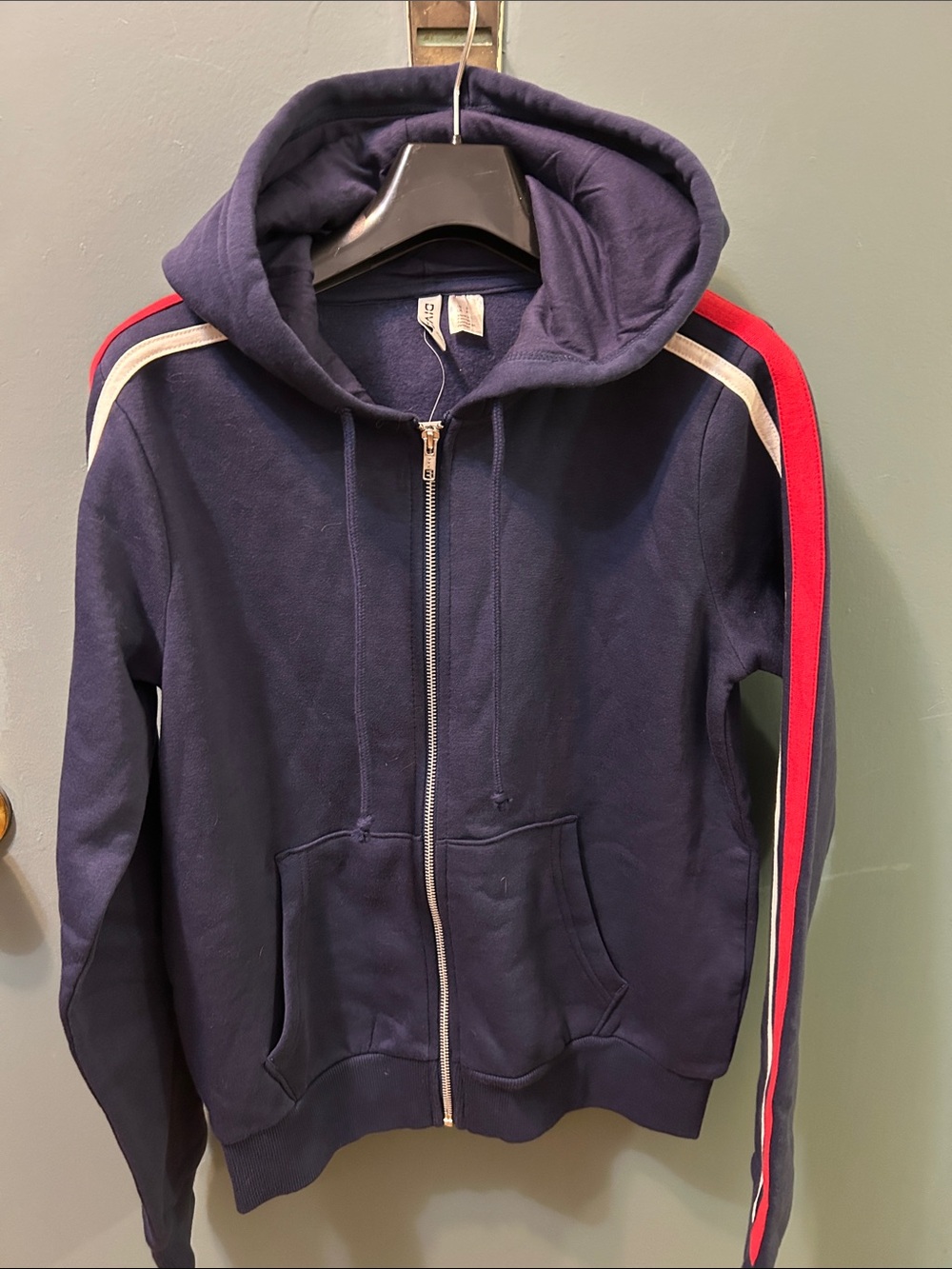 H&M Divided Navy Blue Hoodie with Red & White arm Stripes BRAND NEW TAG